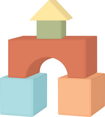 Colorful wooden building blocks for children. Tower made of bright geometric shapes blocks. 