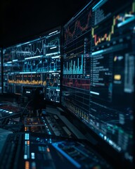 Fototapeta premium A modern office with numerous computer monitors displaying intricate data analysis. The scene has a technological and advanced feeling.