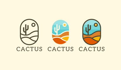 Cactus on desert summer logo emblem vector vintage line art illustration design	