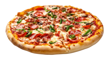 Pepperoni Sausage Mushroom Pizza isolated on a transparent background