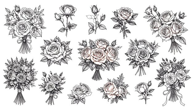 Collection of rose bouquets and single stems in black and white, some accented with a peach tone