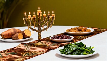 Kwanzaa celebration table with a lit Kinara and traditional food. Festive Karamu feast with sweet potatoes and beans. African-American cultural holiday tradition
