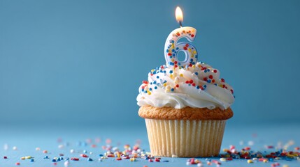 Colorful 6th birthday celebration cupcake with whipped cream frosting, rainbow sprinkles, and number six candle on bright blue background for kids party decor and sweet dessert themes