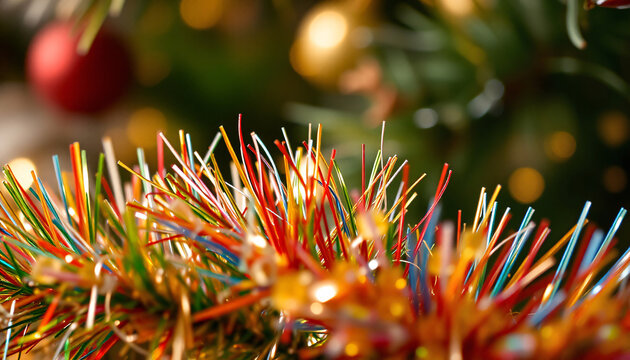 Festive Tinsel: Colorful strands of tinsel on a Christmas tree