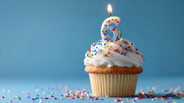 Colorful 6th birthday celebration cupcake with whipped cream frosting, rainbow sprinkles, and number six candle on bright blue background for kids party decor and sweet dessert themes