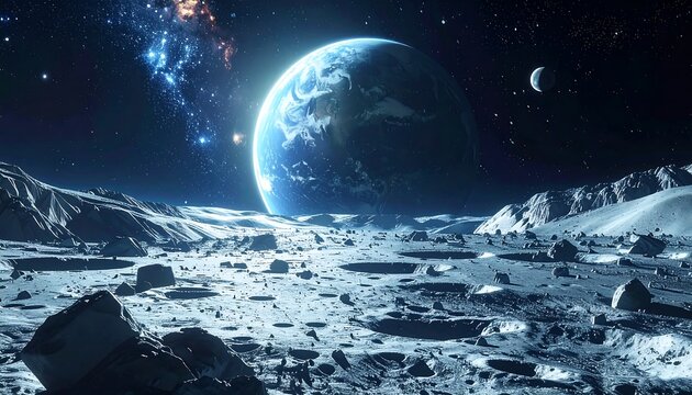 Earth rises over a rocky, cratered moon surface under a starry sky, with a smaller moon visible