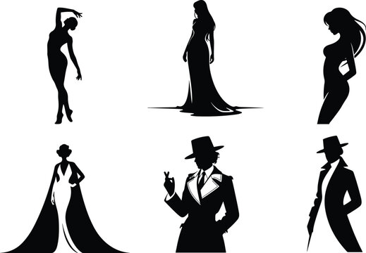 Elegant silhouettes of women and men in formal attire
