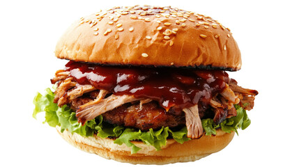 Pulled Pork Burger with B Q Sauce isolated on a transparent background