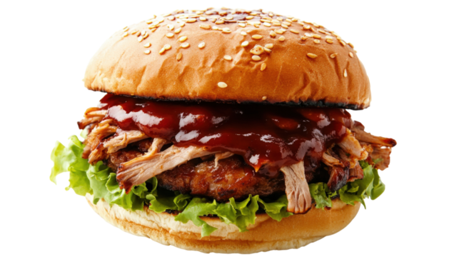 Pulled Pork Burger with B Q Sauce isolated on a transparent background