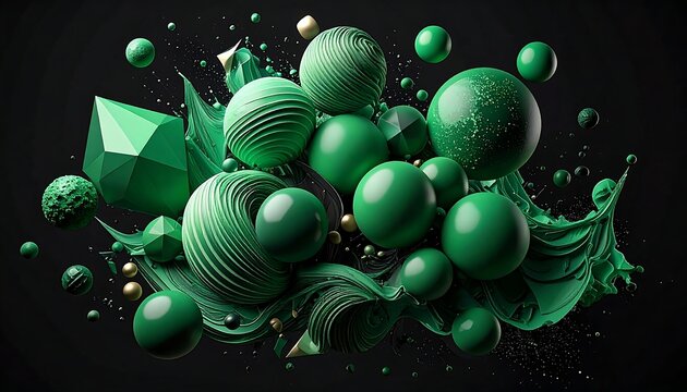 Collection of vibrant green spheres, textured orbs, and polygonal shapes against a deep black background
