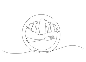 Minimalist continuous one line drawing of a croissant on a plate with a fork, symbolizing breakfast and cafe culture in a simple, elegant style. Vector illustration. Editable stroke