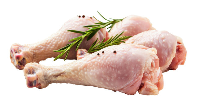 Raw chicken drumsticks with rosemary and peppercorns isolated on a transparent background