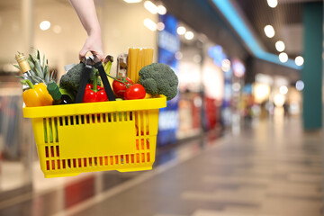 Customer holding shopping basket with different food products at supermarket, closeup