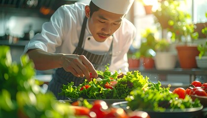 Chef in uniform prepares a vibrant salad in a well-lit kitchen with fresh ingredients and flourishing greenery