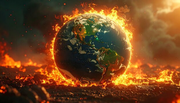 Earth surrounded by intense fire, symbolizing climate change and environmental destruction against a smoky background