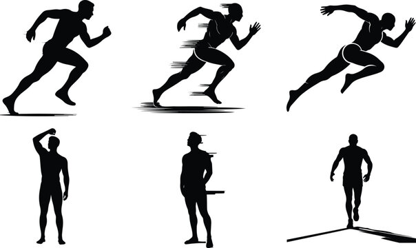 Silhouettes of athletes in motion and poses