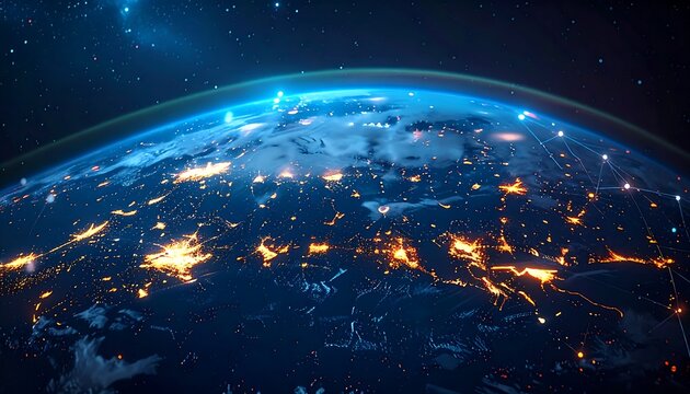 Earth from space at night with city lights glowing, connected by a network of white lines