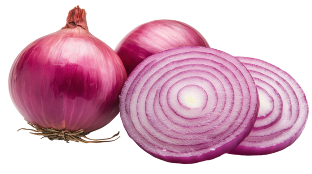 Red onions whole and sliced isolated on a transparent background