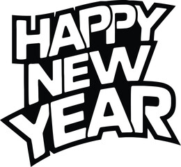 Happy New Year Typography Vector ? Bold Black and White Festive Text Design for New Year Celebration, Greeting Cards, and Seasonal Graphics