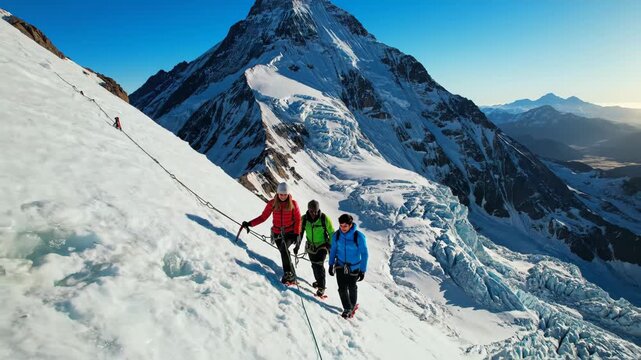 Three climbers roped together ascend a steep snow slope toward a jagged summit under a clear blue sky, using ice axes and crampons for a high-altitude alpine ascent