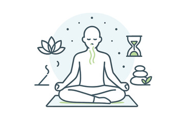 Person meditating with breath visualization and wellness icons
