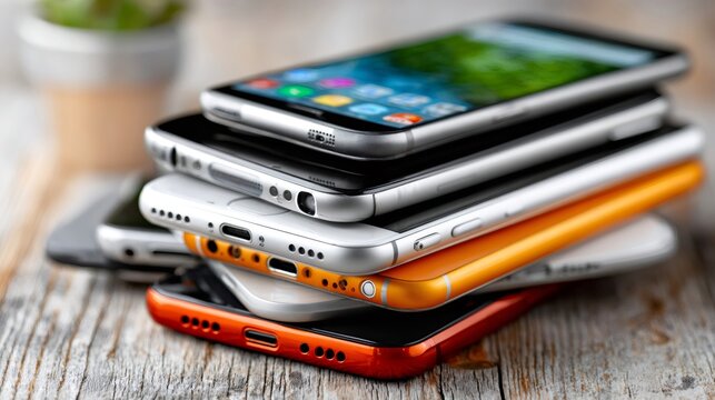 Stacked multiple old smartphones showing electronic waste concept