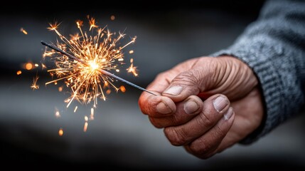 Senior hand holding bright festive sparkler at night