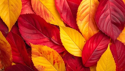 Fototapeta premium Close-up of colorful autumn leaves in shades of yellow, orange, and red creating a vibrant, textured pattern
