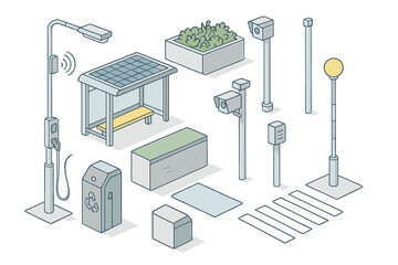 Obraz premium Isometric set of smart city street furniture and urban infrastructure elements: bus stop, street light, security cameras, recycling bin