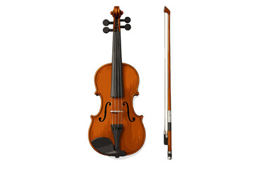 Obraz premium Traditional wooden violin and bow standing vertically isolated against a clean white background