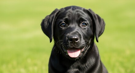 Adorable black Labrador puppy with happy expression and tongue out, sitting in vibrant green grass on a sunny day