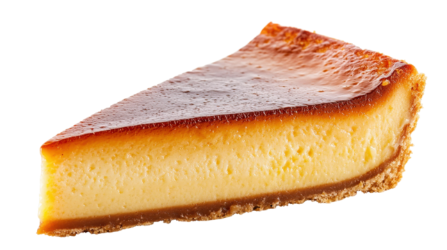 Slice of baked cheesecake with golden crust isolated on a transparent background