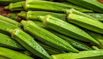 Close-up of fresh okra pods, displaying green color and ribbed texture
