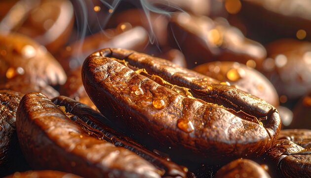 Close-up of glistening, steaming coffee beans with a rich brown hue, inviting warmth and aroma