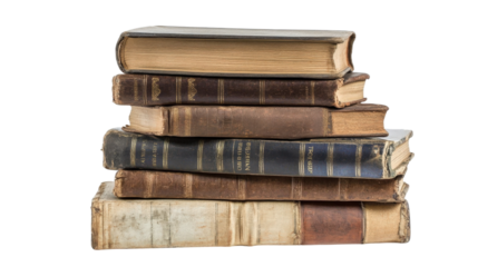 Stack of antique leather bound books isolated on a transparent background