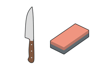 Kitchen knife and whetstone for sharpening blades on a white background