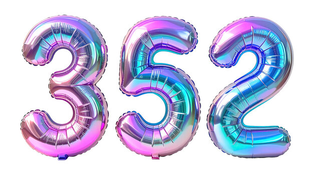 Shiny foil number balloons spell out "352" against black