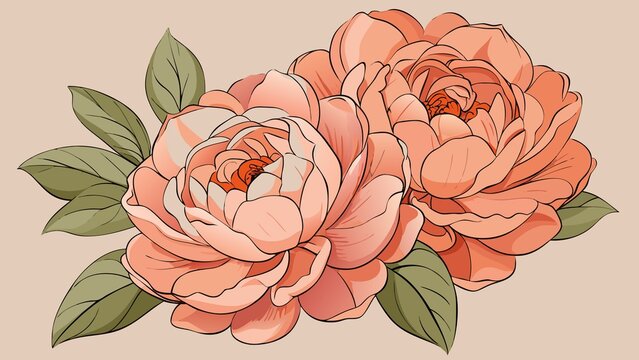 Two delicate peach colored roses with green leaves on a soft beige background