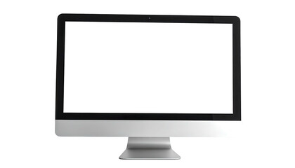 Sleek silver desktop computer with a black screen shown front-on