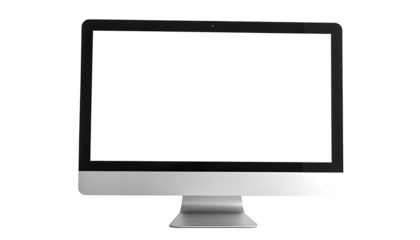 Sleek silver desktop computer with a black screen shown front-on