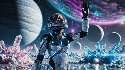 Woman astronaut standing on an alien planet surface with glowing crystals, looking up at planets and a colorful nebula in the vast cosmos, representing space exploration and discovery - Powered by Adobe