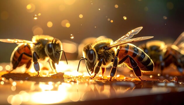 Close-up of honeybees on a reflective surface with golden sunlight filtering through, creating a warm, inviting glow