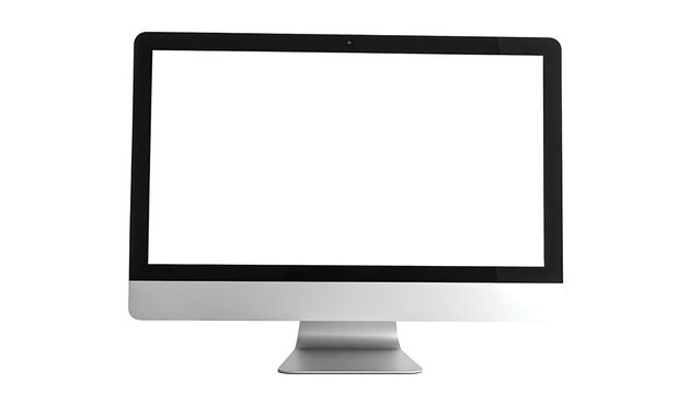 Sleek silver desktop computer with a black screen shown front-on