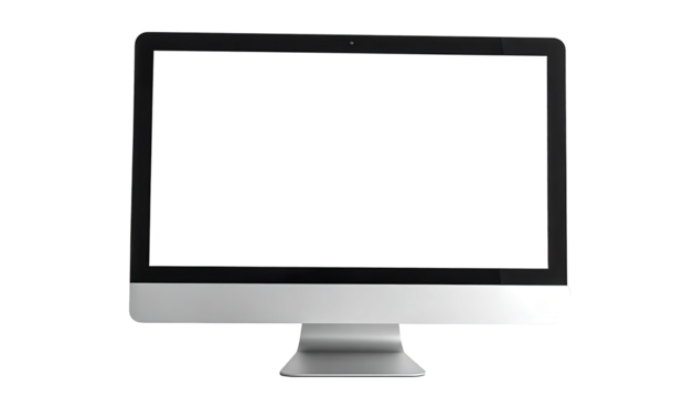 Sleek silver desktop computer with a black screen shown front-on