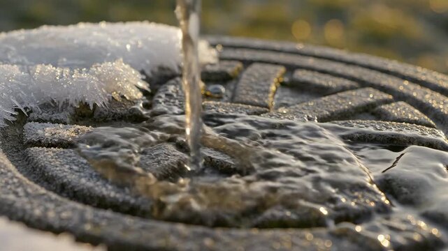 Water continuously pouring over a round stone carving with a celtic knot pattern, featuring melting ice and frost crystals, creating water droplets on the surface during cold weather
