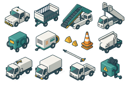 Fototapeta Isometric set of airport ground support equipment including baggage carts, passenger stairs, utility trucks, and traffic cones