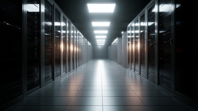 Data center corridor with server racks illuminating the path at night