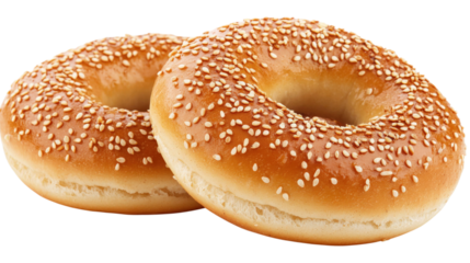 Two Sesame Seed Bagels isolated on a transparent background