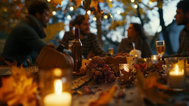 features a cozy autumn gathering of friends around a table set for dinner. The centerpiece is a carved pumpkin surrounded by seasonal fruits and candles that are softly glowing.