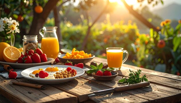 Breakfast feast eggs, fruits, & juice, all set on a rustic wooden table bathed in warm sunlight, outdoors